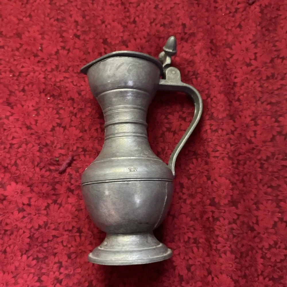 Vintage German Pewter Pitcher With Lid Stamped On The Bottom Stands 5 Inches‎